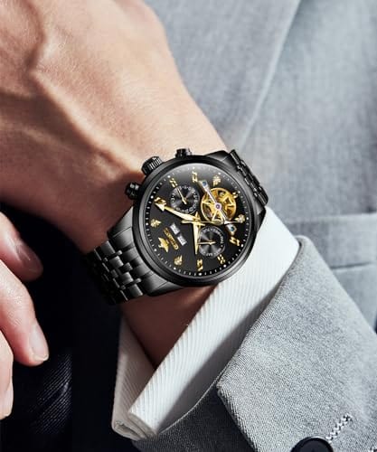 OUPINKE, relojes automáticos para hombre, vestido de lujo con diamantes, reloj de pulsera mecánico resistente al agua de acero de tungsteno con doble fecha 