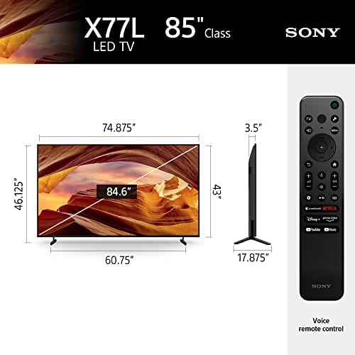 Sony 85 Pulgadas 4K Ultra HD TV Serie X77L: LED Smart Google TV KD85X77L - Modelo 2023, Negro