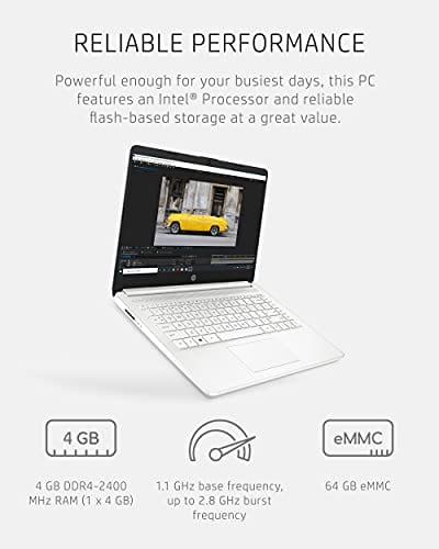 Ordinateur portable HP 14, Intel Celeron N4020, 4 Go de RAM, 64 Go de stockage, écran HD micro-bord de 14 pouces, Windows 11 Famille, fin et portable, graphiques 4K, un an de Microsoft 365 (14-dq0040nr, blanc flocon de neige) 