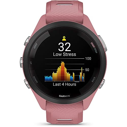 Montre intelligente de course Garmin Forerunner 265, écran AMOLED coloré, mesures d'entraînement et informations de récupération, pierre blanche et bleu marée 