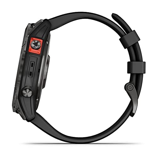 Garmin fenix 7S, smaller sized adventure smartwatch, rugged outdoor watch with GPS, touchscreen, health and wellness features, silver with graphite band, 010-02539-00