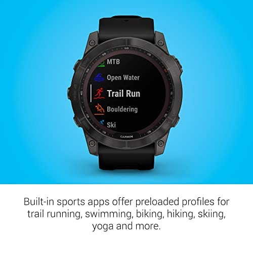 Garmin fenix 7S, smaller sized adventure smartwatch, rugged outdoor watch with GPS, touchscreen, health and wellness features, silver with graphite band, 010-02539-00