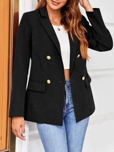 Hdieso Chaqueta tipo blazer con botones de solapa y manga larga para mujer, color sólido, informal 