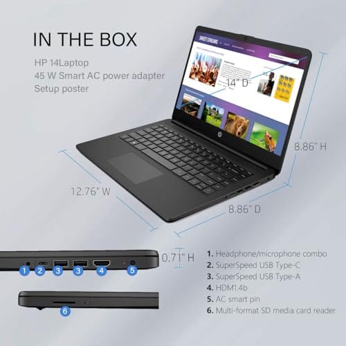 Laptop HP 14, Intel Celeron N4020, 4 GB de RAM, 64 GB de almacenamiento, pantalla HD Micro-edge de 14 pulgadas, Windows 11 Home, delgada y portátil, gráficos 4K, un año de Microsoft 365 (14-dq0040nr, blanco copo de nieve) 