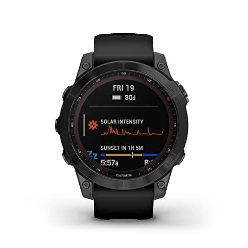 Garmin fenix 7S, smaller sized adventure smartwatch, rugged outdoor watch with GPS, touchscreen, health and wellness features, silver with graphite band, 010-02539-00