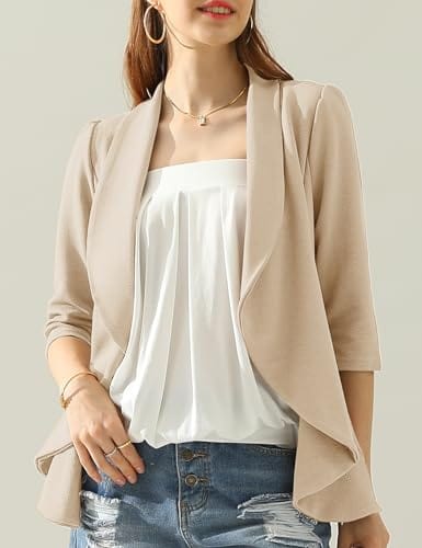 DOUBLJU Blazer léger et fin à manches 3/4 ouvert sur le devant - Veste déconstruite décontractée pour femme - Vêtements de grande taille 