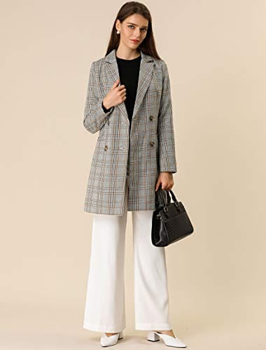 Allegra K Women's Double Breasted Notched Lapel Plaid Trench Blazer Coat