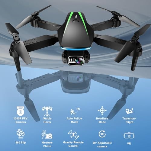 Mini Drone con cámara - Drone plegable HD 1080P con vuelo estable, control de gravedad, seguimiento automático, vuelo de trayectoria, lente ajustable de 90°, despegue con una tecla, 2 baterías, drones para adultos y niños 