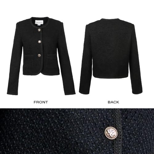 URBAN REVIVO Tweed Casual Blazer Jacket for Women Cropped Crew Open Front Gold Button Blazer Office