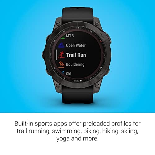 Garmin fenix 7S, smaller sized adventure smartwatch, rugged outdoor watch with GPS, touchscreen, health and wellness features, silver with graphite band, 010-02539-00