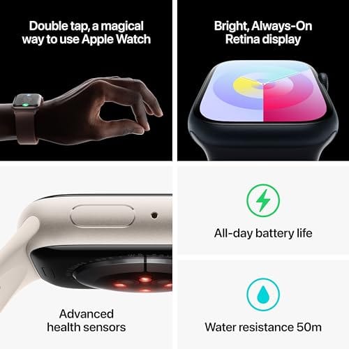 Montre intelligente Apple Watch Series 9 [GPS 45 mm] avec boîtier en aluminium minuit et bracelet sport minuit M/L. Tracker d'activité, applications d'oxygène sanguin et ECG, écran Retina toujours activé (renouvelé) 