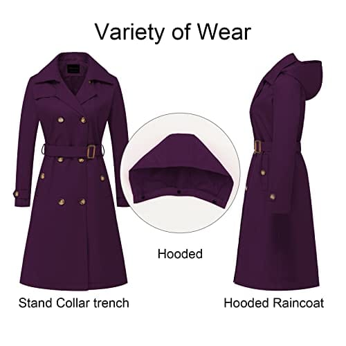 CREATMO US Trench Long Femme Double Boutonnage Classique Revers Pardessus Ceinturé Mince Manteau d'extérieur avec Capuche Amovible