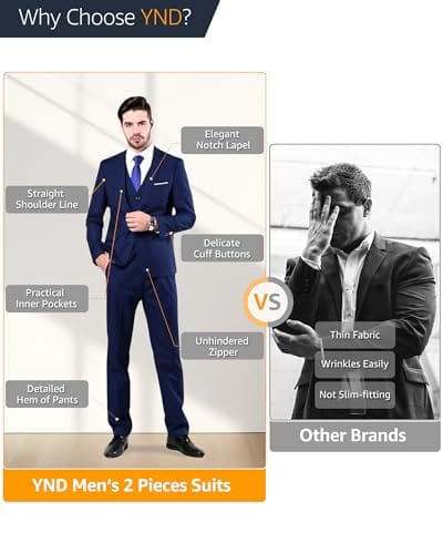 YND Men's Slim Fit 2 Piece Suit, One Button Solid Jacket Pants Set with Tie