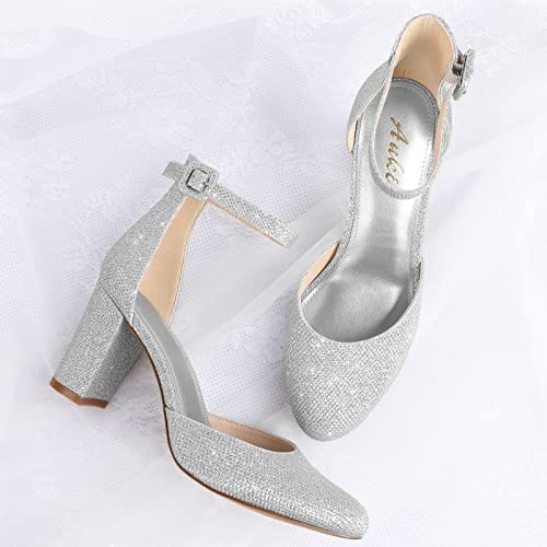 Ankis Closed Toe Heels for Women -Black Nude White Silver Gold Womens Heels Closed Round Toe Chunky Block Pumps Shoes, 3 Inch