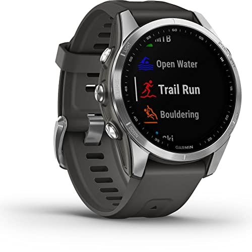 Garmin fenix 7S, smaller sized adventure smartwatch, rugged outdoor watch with GPS, touchscreen, health and wellness features, silver with graphite band, 010-02539-00