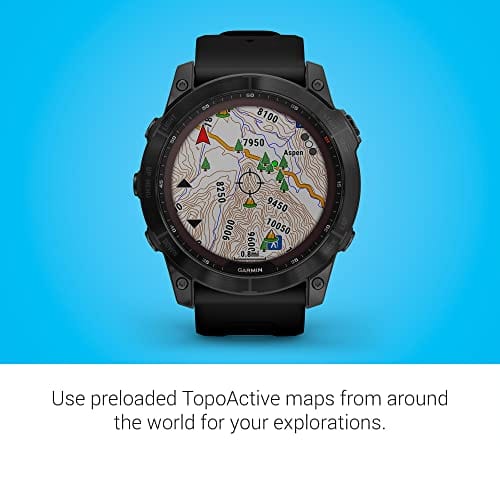 Garmin fenix 7S, smaller sized adventure smartwatch, rugged outdoor watch with GPS, touchscreen, health and wellness features, silver with graphite band, 010-02539-00