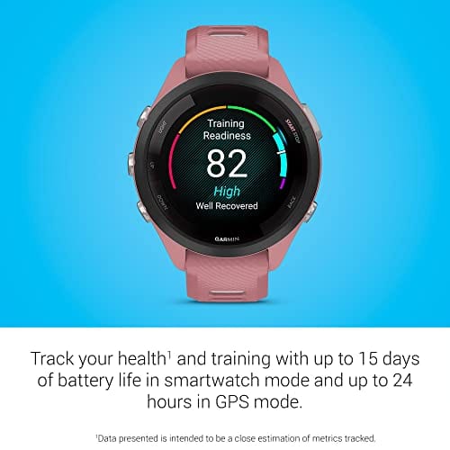 Montre intelligente de course Garmin Forerunner 265, écran AMOLED coloré, mesures d'entraînement et informations de récupération, pierre blanche et bleu marée 