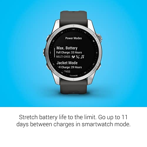 Garmin fenix 7S, smaller sized adventure smartwatch, rugged outdoor watch with GPS, touchscreen, health and wellness features, silver with graphite band, 010-02539-00