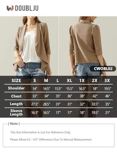 DOUBLJU Lightweight Thin 3/4 Sleeve Open Front Blazer Business Casual Deconstructed Jackets for Womens Clothes with Plus Size