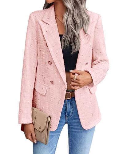 Womens Casual Blazer 2024 Spring Open Front Business Work Tweed Plaid Jacket Suit Pocket (S-XXL)