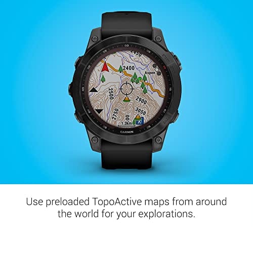 Garmin fenix 7S, smaller sized adventure smartwatch, rugged outdoor watch with GPS, touchscreen, health and wellness features, silver with graphite band, 010-02539-00