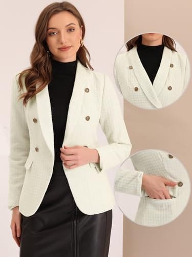 Allegra K Blazer de Tweed para Mujer con Solapa de Muesca, Chaqueta a Cuadros con Doble Botonadura, Blazer de Trabajo y Oficina 