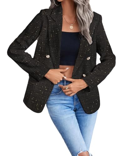 Womens Casual Blazer 2024 Spring Open Front Business Work Tweed Plaid Jacket Suit Pocket (S-XXL)