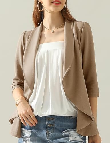 DOUBLJU Blazer léger et fin à manches 3/4 ouvert sur le devant - Veste déconstruite décontractée pour femme - Vêtements de grande taille 