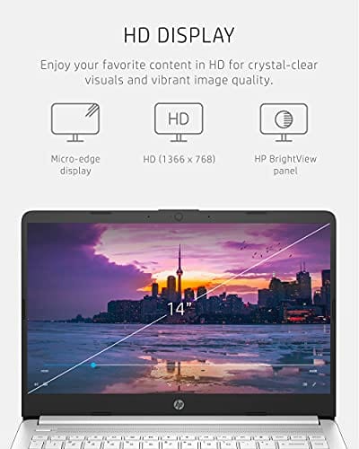 Laptop HP 14, Intel Celeron N4020, 4 GB de RAM, 64 GB de almacenamiento, pantalla HD Micro-edge de 14 pulgadas, Windows 11 Home, delgada y portátil, gráficos 4K, un año de Microsoft 365 (14-dq0040nr, blanco copo de nieve) 