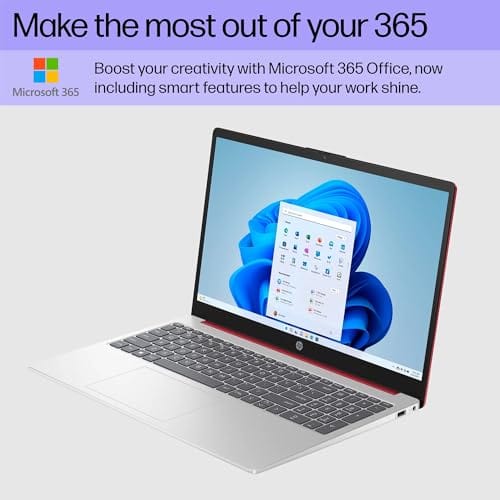 Ordinateur portable HP 15,6" (comprend 1 an Microsoft 365), écran HD, processeur Intel Quad-Core N200, 16 Go de RAM, 128 Go de stockage, Wi-Fi 5, webcam, HDMI, pavé numérique, Windows 11 Famille, rouge 