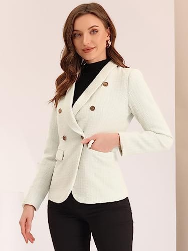 Allegra K Blazer de Tweed para Mujer con Solapa de Muesca, Chaqueta a Cuadros con Doble Botonadura, Blazer de Trabajo y Oficina 