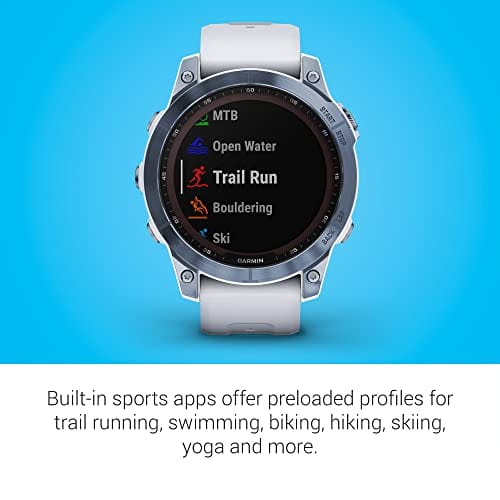 Garmin fenix 7S, smaller sized adventure smartwatch, rugged outdoor watch with GPS, touchscreen, health and wellness features, silver with graphite band, 010-02539-00