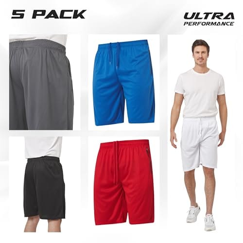 Ultra Performance Mens 5 Pack Athletic Running Shorts, Basketball Gym Workout Shorts for Men with Zippered Pockets