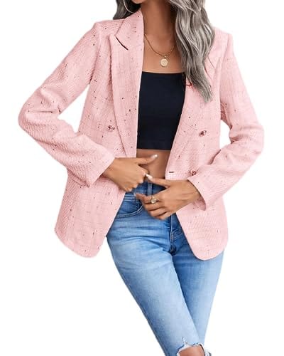 Womens Casual Blazer 2024 Spring Open Front Business Work Tweed Plaid Jacket Suit Pocket (S-XXL)