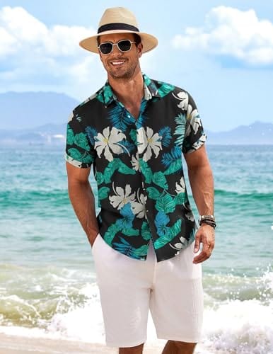 COOFANDY Men's Linen Shirts Short Sleeve Casual Shirts Button Down Shirt for Men Beach Summer Wedding Shirt