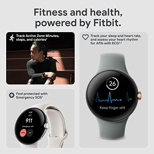 Google Pixel Watch - Montre intelligente Android avec suivi d'activité Fitbit - Suivi de la fréquence cardiaque - Boîtier en acier inoxydable noir mat avec bracelet Obsidian Active - LTE 