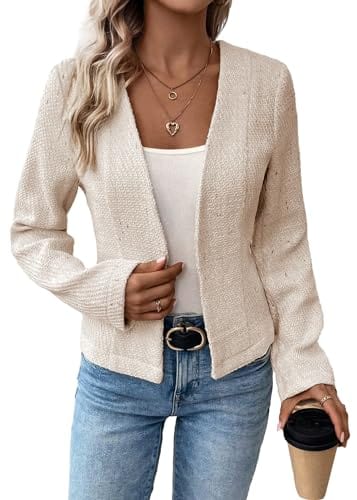 Mina Self 2024 Summer Cropped Collarless Blazer Lightweight Fully Lined Open Front Elegant Petite Work Office Jackets