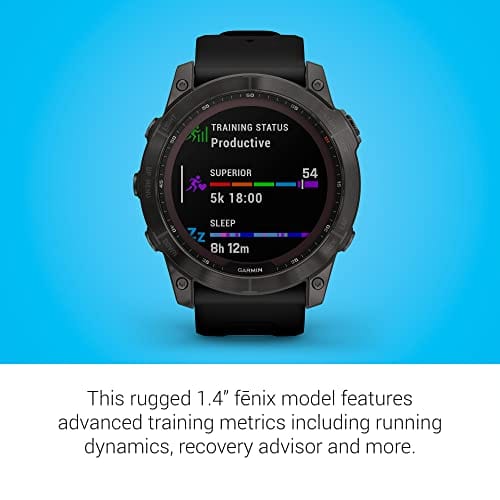 Garmin fenix 7S, reloj inteligente de aventuras de tamaño más pequeño, reloj resistente para exteriores con GPS, pantalla táctil, funciones de salud y bienestar, plateado con correa de grafito, 010-02539-00 