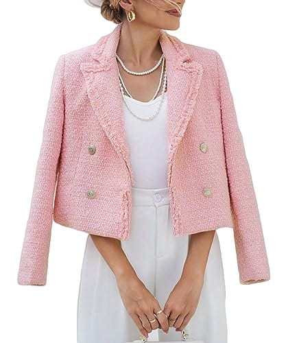 Tweed Blazers Jackets for Women 2024 Spring Fashion Lapel Cropped Elegant Open Front Office Casual Blazer