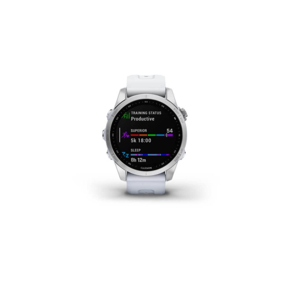 Garmin fenix 7S, smaller sized adventure smartwatch, rugged outdoor watch with GPS, touchscreen, health and wellness features, silver with graphite band, 010-02539-00