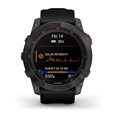 Garmin fenix 7S, smaller sized adventure smartwatch, rugged outdoor watch with GPS, touchscreen, health and wellness features, silver with graphite band, 010-02539-00