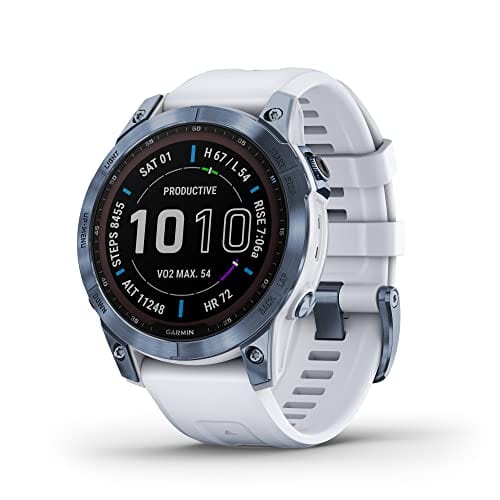 Garmin fenix 7S, smaller sized adventure smartwatch, rugged outdoor watch with GPS, touchscreen, health and wellness features, silver with graphite band, 010-02539-00