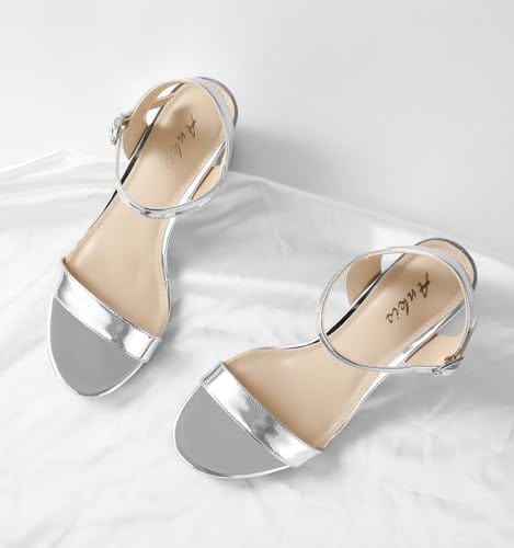 Ankis Tacones Negros Desnudos, Bloque De 2.5 '' Tacón Grueso Blanco Claro Plateado Tacones De Punta Abierta Elegantes Para Mujer Correa De Tobillo Bajo Corto Vestido De Tiras Grueso Sandalia Cómoda Fiesta Informal Boda Evento Zapatos De Verano 