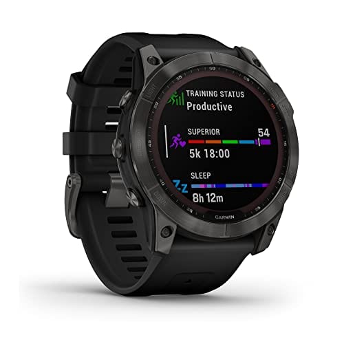 Garmin fenix 7S, smaller sized adventure smartwatch, rugged outdoor watch with GPS, touchscreen, health and wellness features, silver with graphite band, 010-02539-00