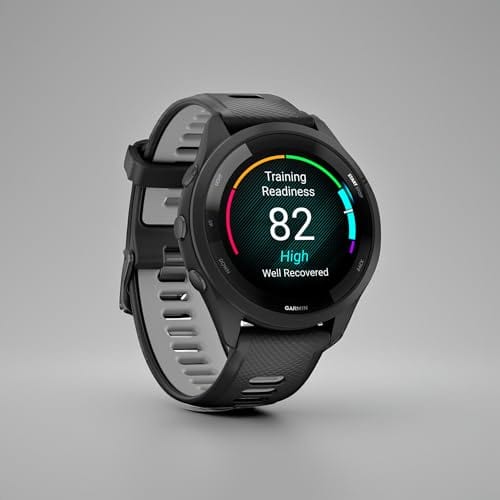 Montre intelligente de course Garmin Forerunner 265, écran AMOLED coloré, mesures d'entraînement et informations de récupération, pierre blanche et bleu marée 