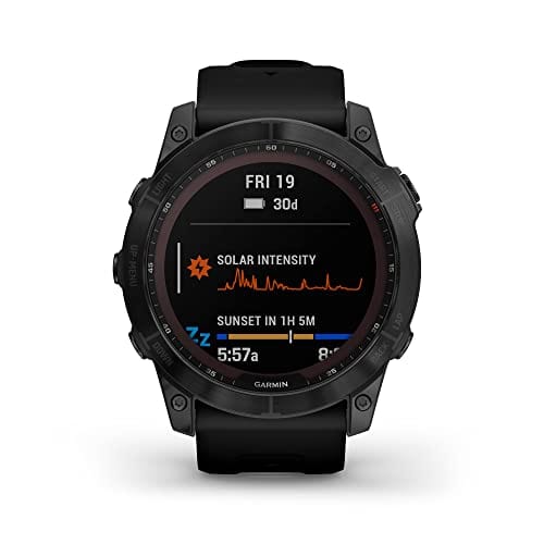 Garmin fenix 7S, smaller sized adventure smartwatch, rugged outdoor watch with GPS, touchscreen, health and wellness features, silver with graphite band, 010-02539-00