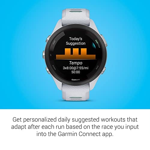 Reloj inteligente para correr Garmin Forerunner 265, pantalla AMOLED colorida, métricas de entrenamiento e información de recuperación, Whitestone y Tidal Blue 