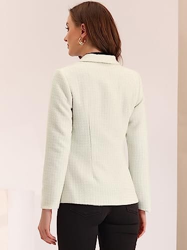 Allegra K Blazer de Tweed para Mujer con Solapa de Muesca, Chaqueta a Cuadros con Doble Botonadura, Blazer de Trabajo y Oficina 