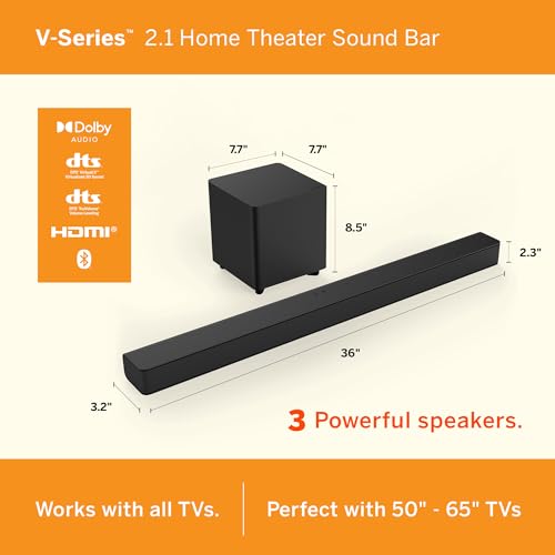 VIZIO V-Series 5.1 Home Theater Sound Bar with Dolby Audio, Bluetooth, Wireless Subwoofer, Voice Assistant Compatible, Includes Remote Control - V51x-J6