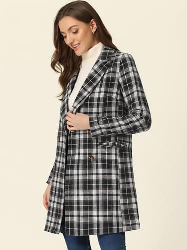 Allegra K Women's Double Breasted Notched Lapel Plaid Trench Blazer Coat